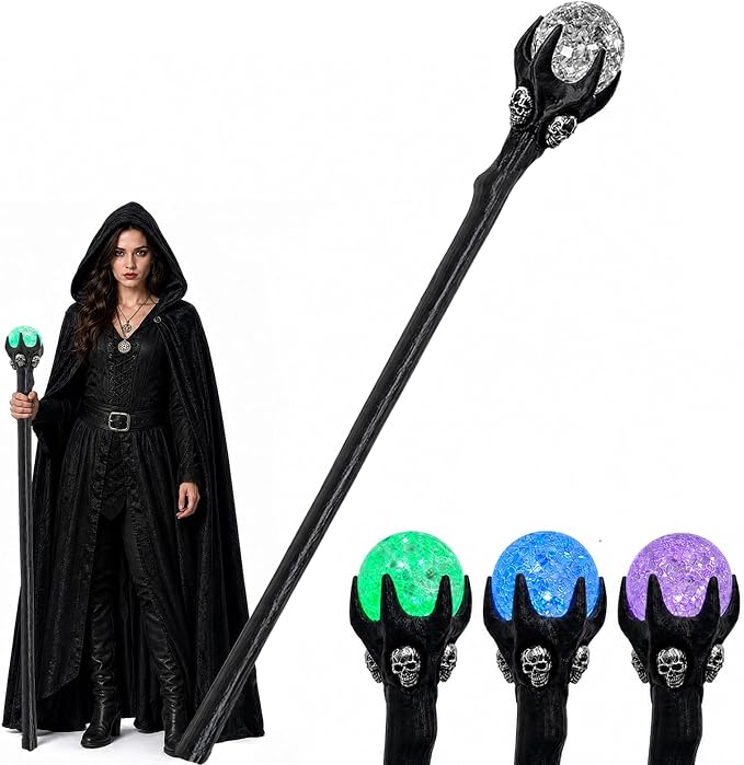 Halloween LED Light Up Wizard Staff with Glass Crystal Ball - sugar skull costume