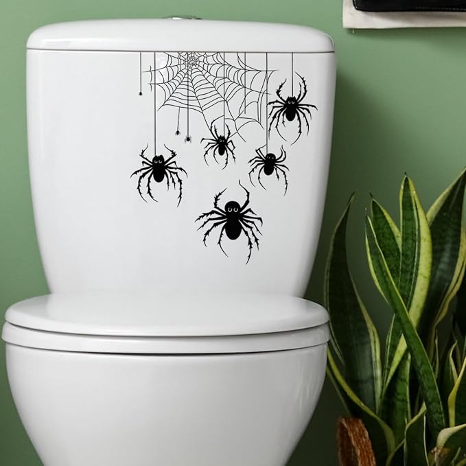 Halloween Spider Web Toilet Lid Stickers 1Pack Self-Adhesive Black Spiders Toilet Lid Decal Horror Spider Wall Sticker Waterproof Washroom Decoration Supplies for Halloween Party Decoration - skull toilet paper