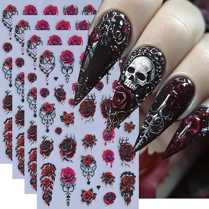 4Pcs Halloween Nail Art Stickers, Gothic Style Deep Red Rose Nail Decals 3D Self Adhesive Gothic Red Rose Pendant Love Heart Design Halloween Nail Art Supplies for Women Nail Decoration Nail Stickers - skull sticker
