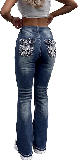 Women's Embroidered Flare Jeans with Flap Back Pockets - skull jacket