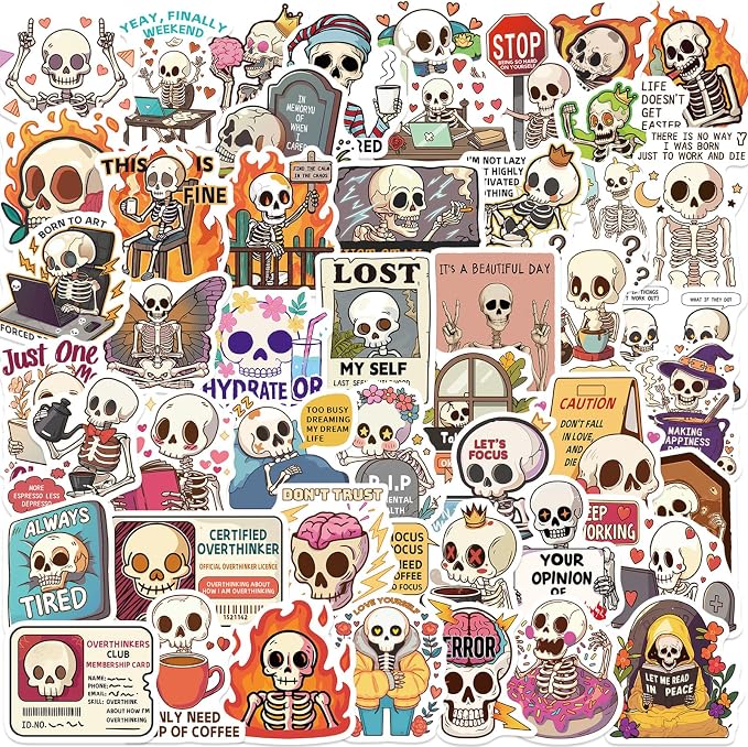50 PCS Funny Skull Stickers Pack, Skeleton Decals for Water Bottles Laptops