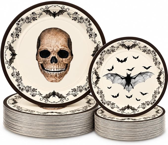 60 Pack Halloween Paper Plates, 9 & 7 Inch Skull & Bat Set