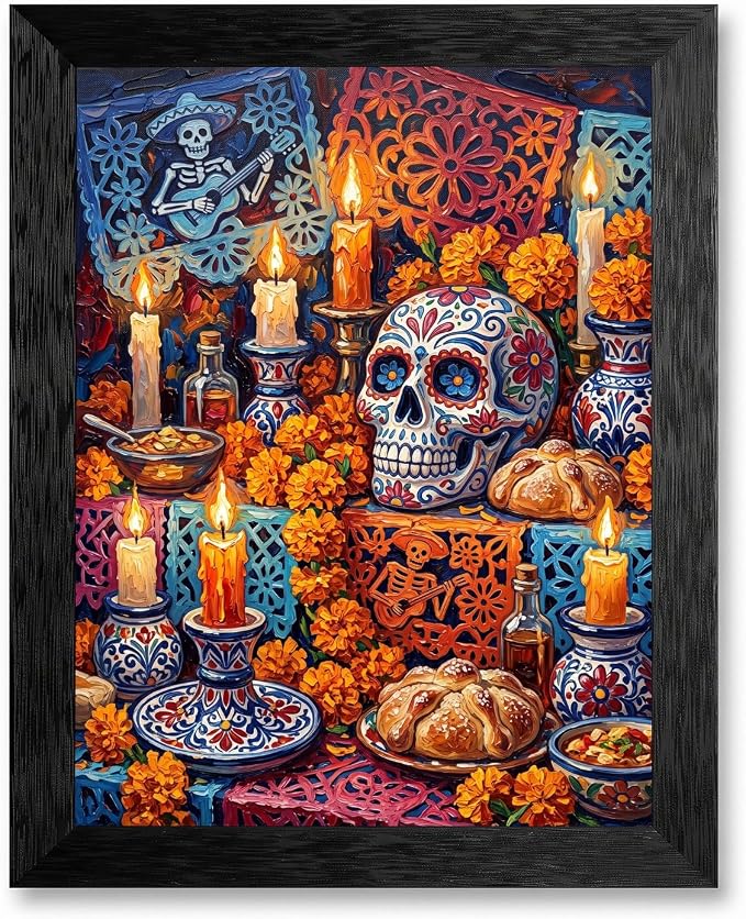 Framed Canvas Wall Art Impasto Dia de los Muertos Blue and Orange Sugar Skulls Canvas Print Poster Black Frame Wall Decor for Living Room Halloween Wall Art, Folk Decor - Inch 12x16 - skull wall art