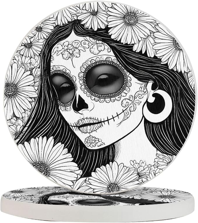 Floral Sugar Skull Portrait for Coasters Set of 2 - skull coaster