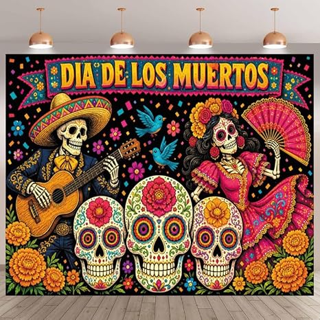 Day of The Dead Backdrop 10x8ft, Día de Los Muertos Decorations Mexican Sugar Skull Backdrops, Catrina Marigold Papel Picado Background, Mexican Fiesta Party Decor, Photo Props - skull sticker