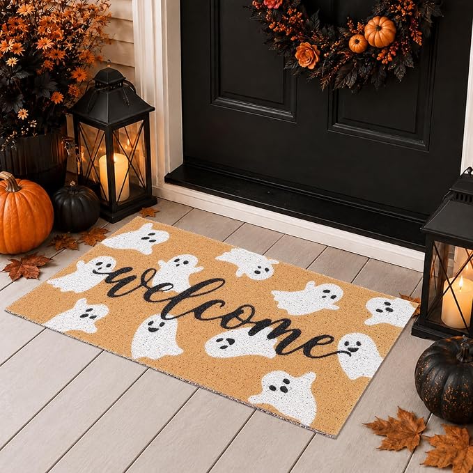 Shemilly Halloween Ghost Door Welcome Mat, 29 x 17 Inch Coir Entrance Rug - skull floor mat