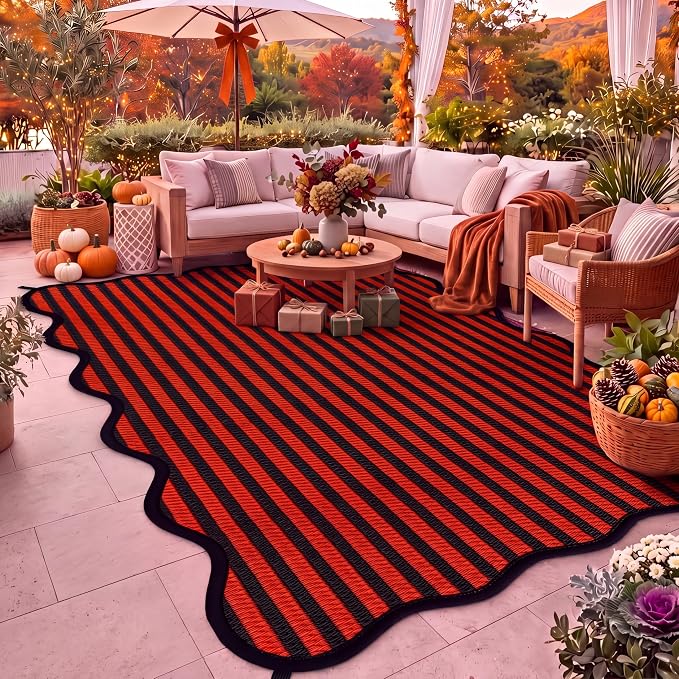Halloween Striped Outdoor Rug 4x6 ft Plastic Straw Mat for Porch - skull rug