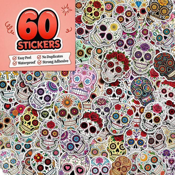 60Pcs Sugar Skull Stickers, Colorful Dia De Los Muertos Stickers Pack - skull sticker