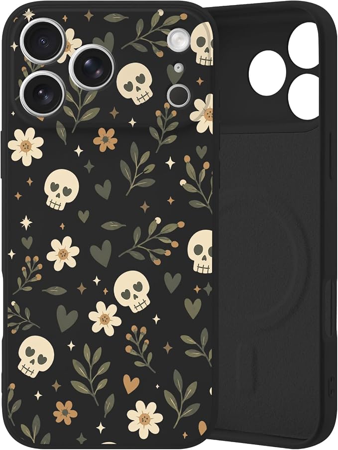 Halloween Magnetic Phone Case for iPhone 17 Pro Floral Skull - Skull phone case