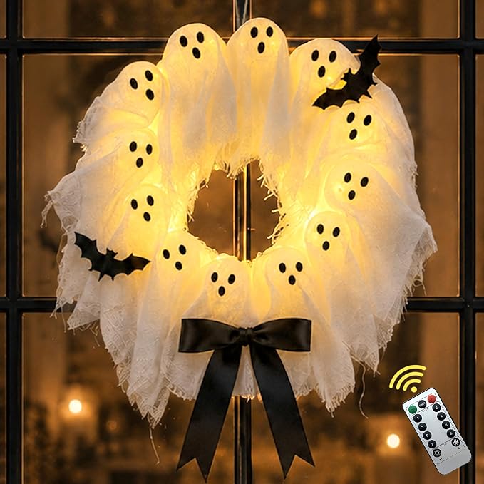 Lifnatty Halloween Ghost Wreath for Front Door, Lighted Halloween Wreath with Timer, 8 Lighting Modes, 2 Brightness Levels, Spooky Halloween Door Wreath for Front Porch, Wall, Entryway, Indoor Outdoor