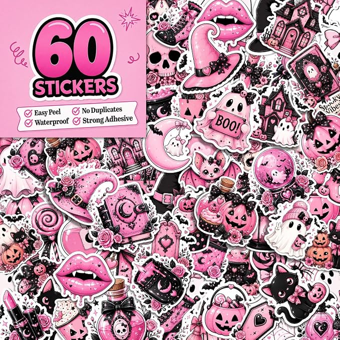 60Pcs Pink Halloween Stickers, Cute Spooky Goth Stickers Pack - skull sticker