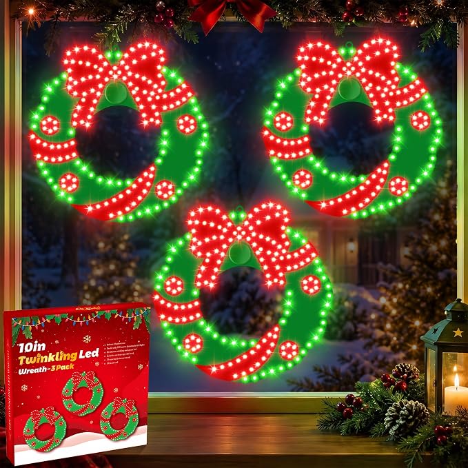 3 Pack 10" Christmas Classics Twinkling LED Wreath, Red Green - skull wreath