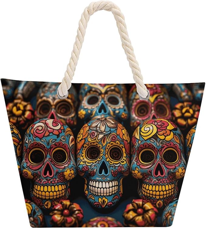 Colorful Sugar Skulls Hemp Rope Tote Bag Oxford Shoulder Bag - sugar skull handbags for sale