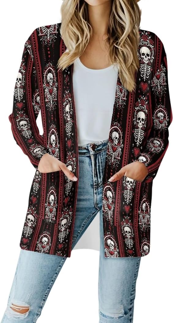 V Neck Open Front Cardigan Sweaters for Women Lightweight - skull jacket