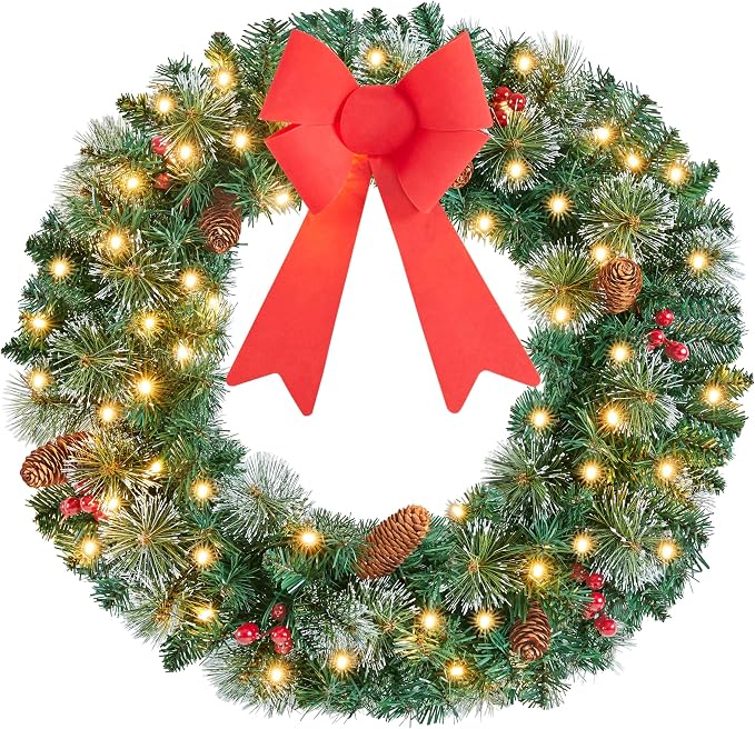 Yaheetech 24in Pre-Lit Christmas Wreath Frosted 50 LED Lights, Green - skull wreath