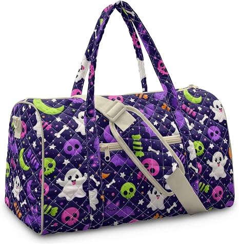 Halloween Quilted Tote Bag for Women Gothic Large Weekender Travel Bag Ghost Skull Carry On Duffle Bags with Adjustable Strap Heavy Duty Holiday Handbag - skull suitcase