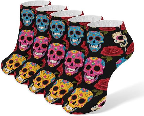 5 Pairs Sugar Skulls Low Cut Ankle Socks for Men Women - sugar skull costume