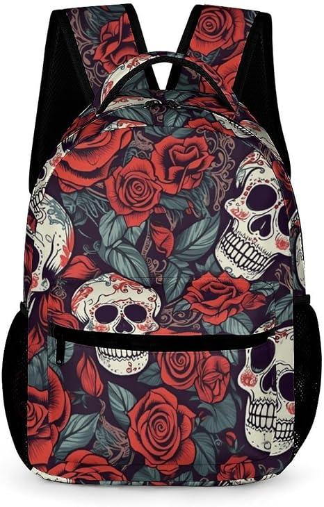 Comfortable 16in Backpack with Front Zipper & Dual Mesh Pockets - skull backpack