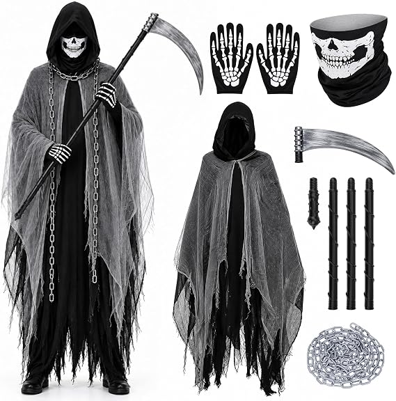Grim Reaper Costume, 5 Pcs Halloween Set with Scythe, Mask & Gloves - sugar skull costume