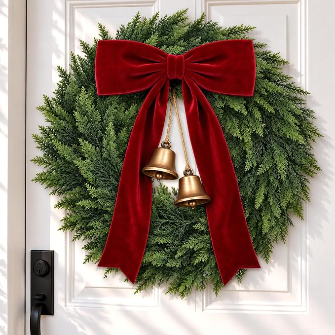 DIYDEC 24 Inch Christmas Wreath with Velvet Bow and Bells for Door Decor - skull wreath