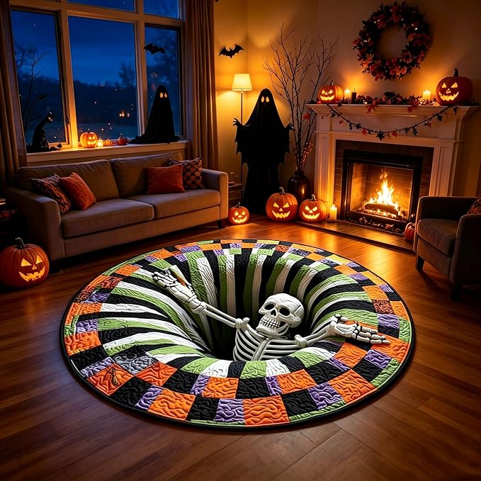 3D Halloween Rug, Spooky Ghost Skeleton 3D Optical Illusion Round Rug - skull carpet