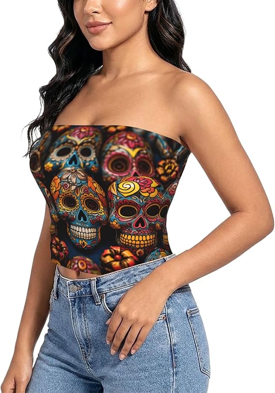 Womens Tube Tops Strapless Bandeau Crop Tank Top Non-Slip Sleeveless Blouse - skull tank tops