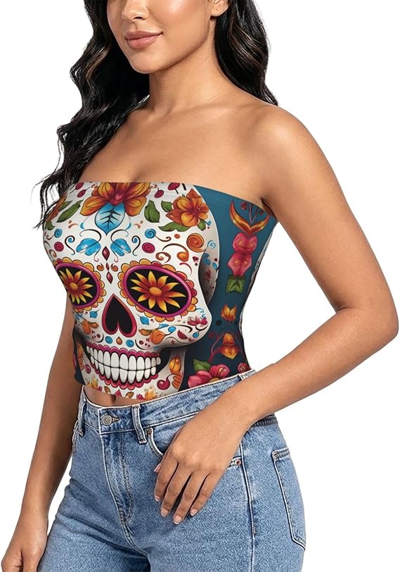 Womens Tube Tops Strapless Bandeau Crop Tank Top Non-Slip Sleeveless Blouse - skull tank tops
