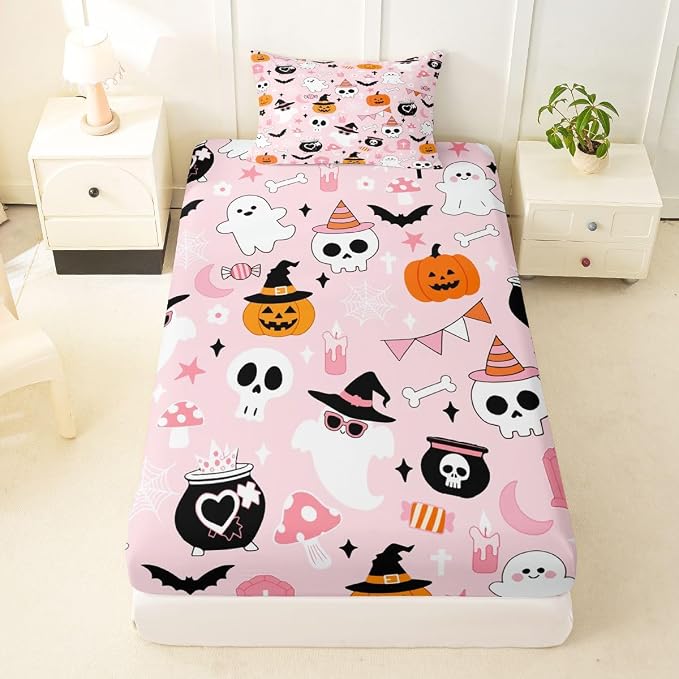 Pink Halloween Ghost Fitted Sheet Twin Size (No Flat),Witch Hat Pumpkin Lantern Bedding Sets,Kids Girl Boy Room Decor,Gothic Skull Bat Bed Sheets Kawaii Star Mushroom Deep Pocket Sheet,1 Pillowcase