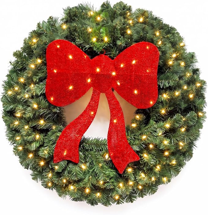 30in Large Artificial Christmas Wreath,130 LED Lights with Red Bow - skull wreath