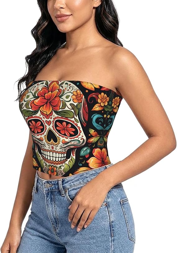 Womens Tube Tops Strapless Bandeau Crop Tank Top Non-Slip Sleeveless Blouse - skull tank tops