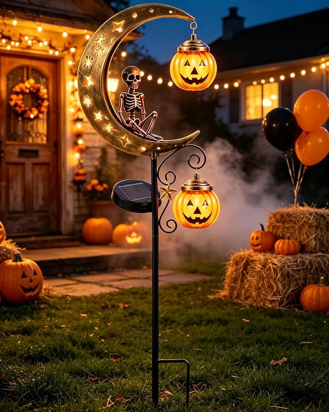 Outdoor Skeleton Halloween Decor Lights, Solar Pumpkin Moon Garden Stake Light, Fall Decor Skull Lamp, Outdoor Halloween Yard Decorations Light for Plant Pot,Pathway - skull lamp
