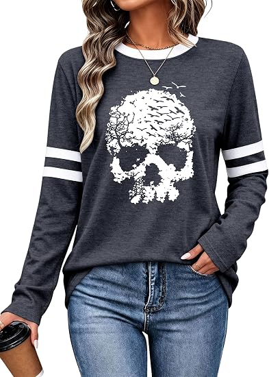 Women Fall Clothes Long Sleeve Shirts for Women Basic Crewneck Tee - skull tshirt