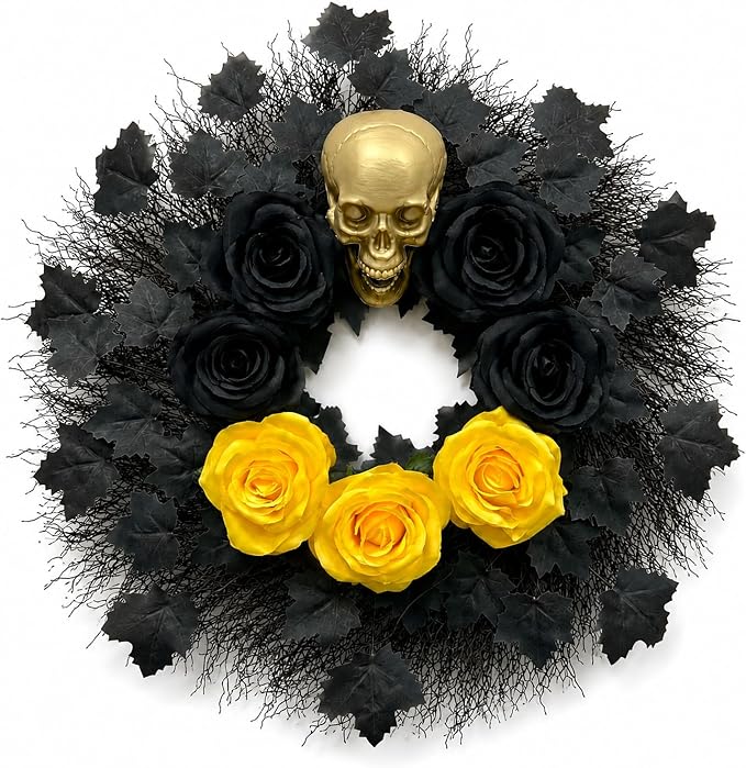 21 Inch Black Halloween Skeleton Wreath, Halloween Door Wreath for Front Door, Outdoor Halloween Wreath for Home Decor, Spooky Scary Halloween Party Decorations (Black) - skull wreath