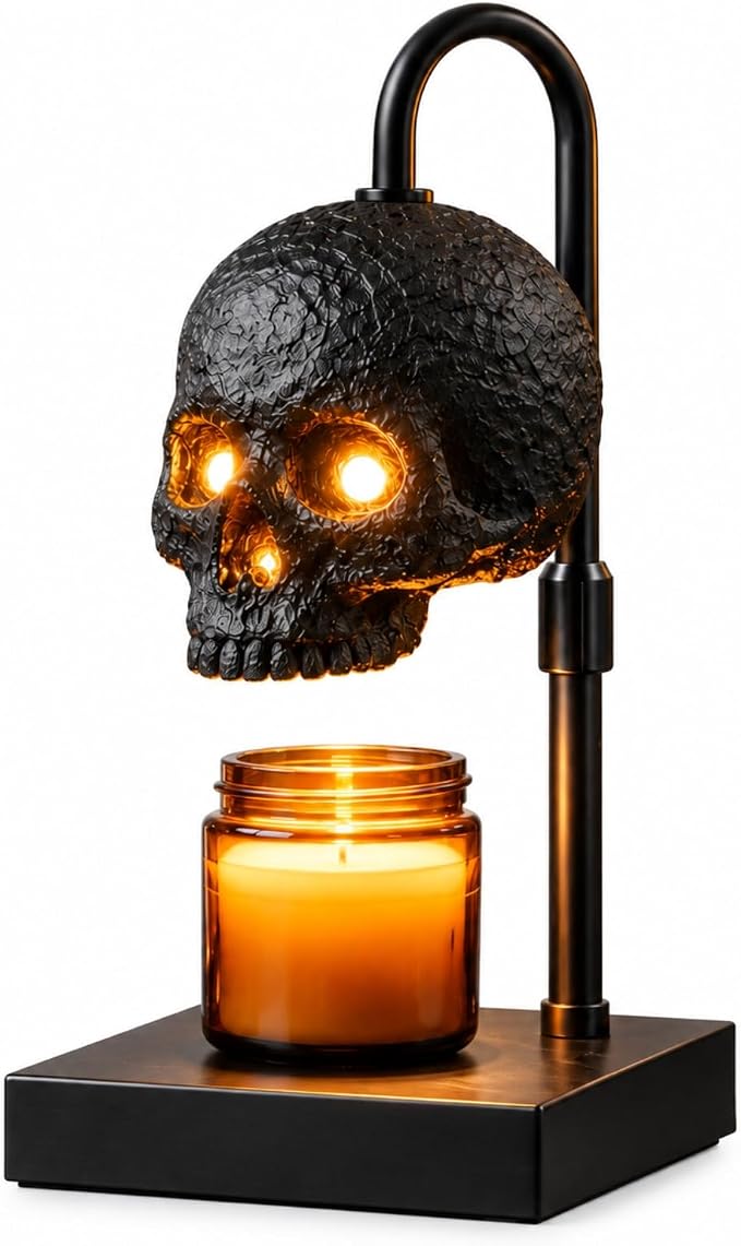 Skull Candle Warmer Lamp with Timer and 4-Level Dimmer, Flameless Gothic Wax Melter for Jar Candles, Adjustable Height,Halloween Gothic Decor， 2 Bulbs Included - skull lamp