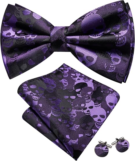 YOHOWA Paisley Striped Men Bow Tie Pre-Tied Silk Bowties Pocket Square Set - skull jacket