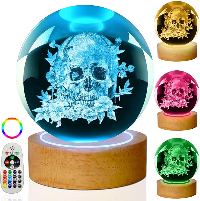 3D Skull Lamp,Crystal Ball Night Light,Halloween Gifts for Women Men - skull lamp