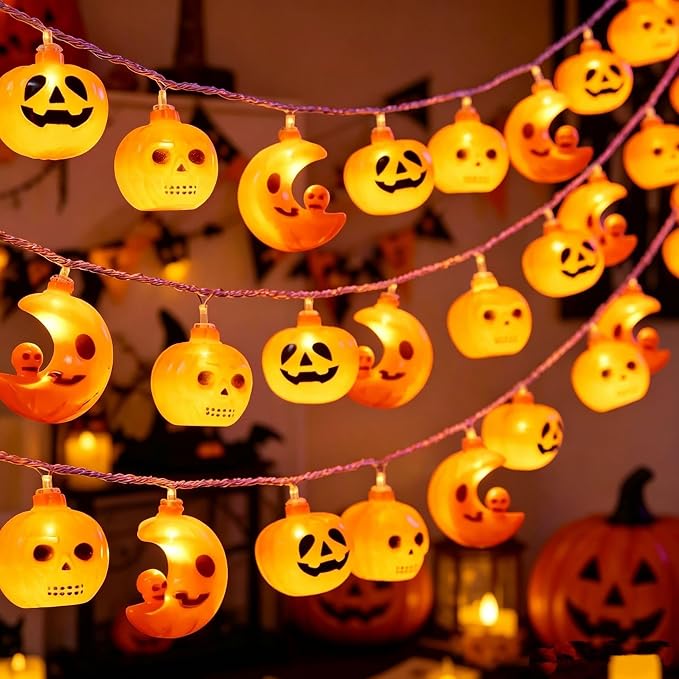 Halloween String Decor, 10Ft 20 LED 3D Waterproof Battery Operated Halloween Moon Ghost Skull Pumpkin String Lights, 2 Modes Steady Twinkle for Indoor Outdoor Porch Party Décor - string light
