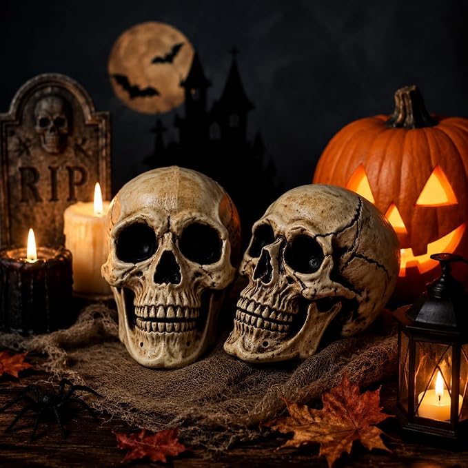 2 Pack Human Skull Statue Realistic Resin Skeleton Head Decor - skull figurine