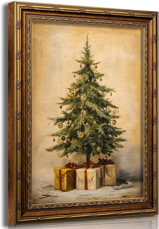 Retro Gold Framed Vintage Christmas Tree Wall Art Canvas Print - skull wall art