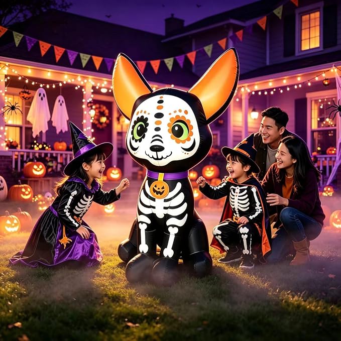 5 FT Halloween Inflatable Skeleton Chihuahua Dog Decoration, Lighted Blow‑up Day of The Dead Puppy, Outdoor Yard Lawn Holiday Decorations - skull inflatable