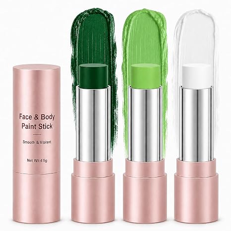 Body Face Paint Sticks 3Pcs Dark Green Light Green White Eye Black Set - skull painting