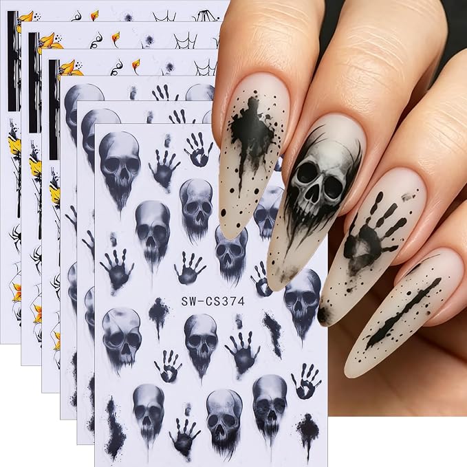 Halloween Skull Nail Art Stickers Self-Adhesive Nail Decals with Skeleton Hand Pumpkin Spider Sunflower Design Gothic Nail Stickers DIY Manicure Decorations for Acrylic & Natural Nails 6Pcs - skull sticker