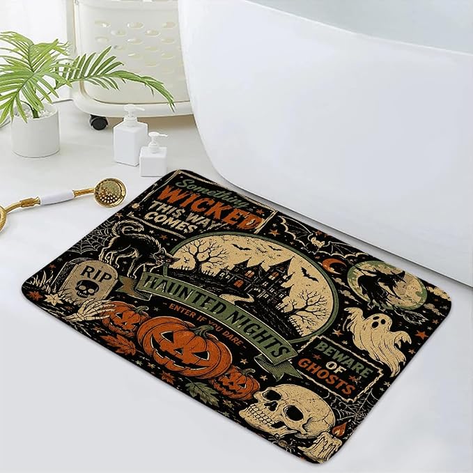 Vintage Halloween Black Cat Haunted House Bath Mat 16x24 Inch - skull floor mat