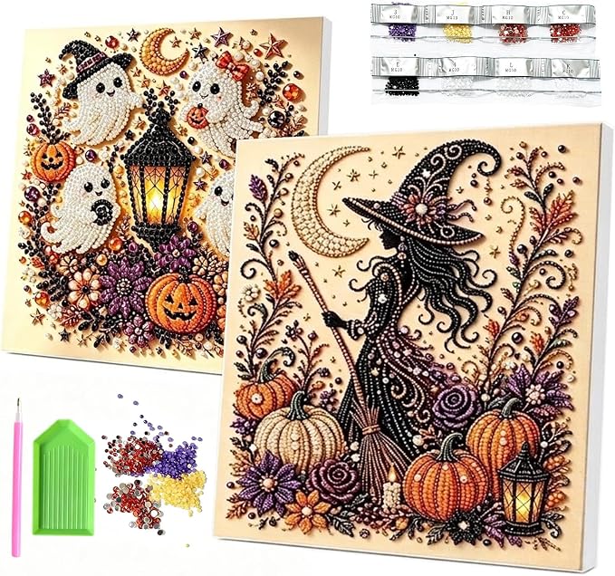 Zcaonb 2 Pack Halloween Diamond Art Kits for Adults, Witch Ghost Pearl Diamond Painting Kit, 3D Pearl Art DIY Crafts, Halloween Wall Decor - skull painting