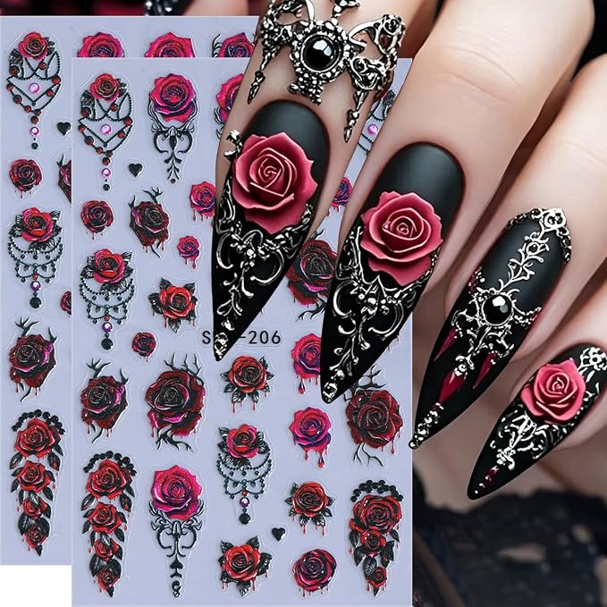 Halloween Red Rose Nail Art Stickers Self-Adhesive Nail Decals Dark Romantic Floral Design Gothic Nail Stickers Flower Manicure Art Decoration for Women Girls DIY Nail Accessories 2Pcs - skull sticker
