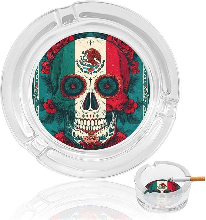 Mexico Sugar Skull Day Of The Dead Novelty Glass Ashtrays Round 3.3" X 3.3" X 1.4" - skull ashtray