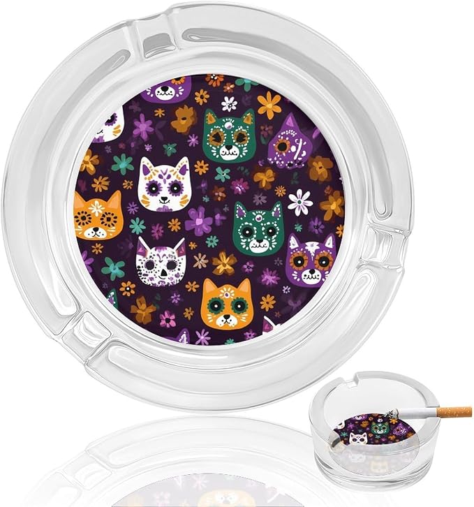 Cute Sugar Skull Cats Novelty Glass Ashtrays Round 3.3" X 3.3" X 1.4" - skull ashtray