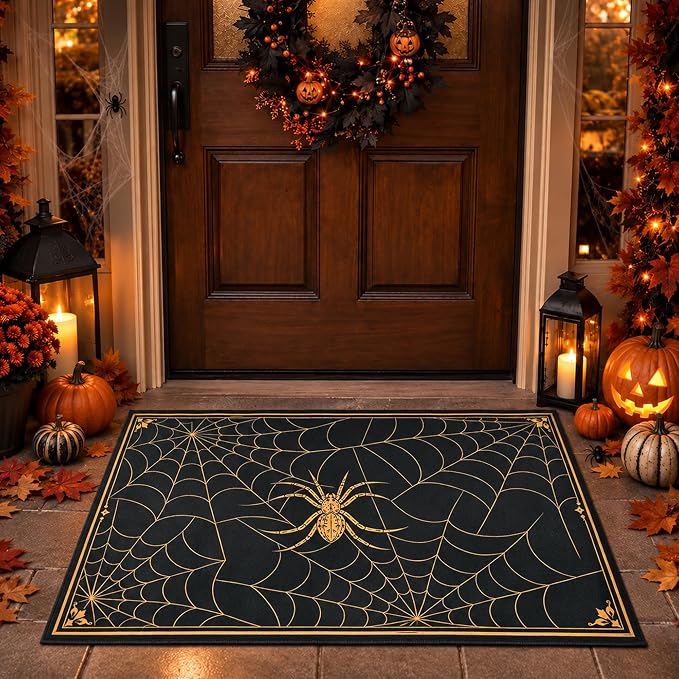 2'4" x 3'7" Halloween Door Mat, Orange Black Spider Fall Outdoor Rug - skull floor mat