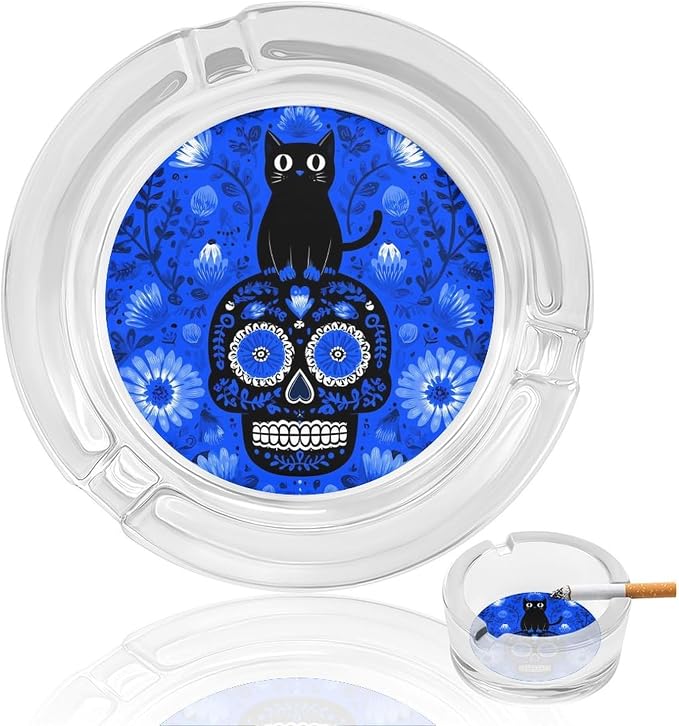 Cat on Sugar Skull Novelty Glass Ashtrays Round 3.3" X 3.3" X 1.4" - skull ashtray
