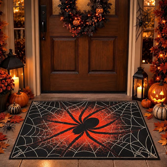 3' x 5' Halloween Rug, Red Black Spider Fall Front Door Mat - skull carpet